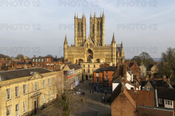West frontage of Lincoln cathedral church viewed from castle walls, city of Lincoln, Lincolnshire,