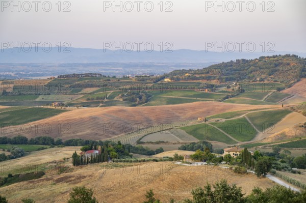 Hilly landscape in Tuscany, view from the upper city wall of Montepulciano, Tuscany, Italy, Europe