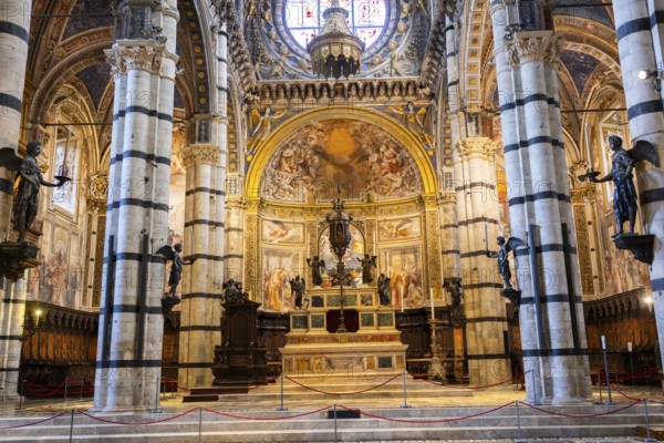 Interior with striped columns and decorated ceiling, Siena Cathedral or Cattedrale di Santa Maria