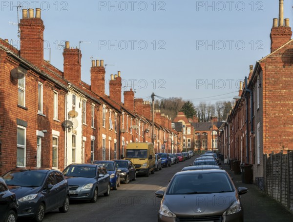 Victorian terraced housing with no front gardens, Grafton Street, inner city of Lincoln,