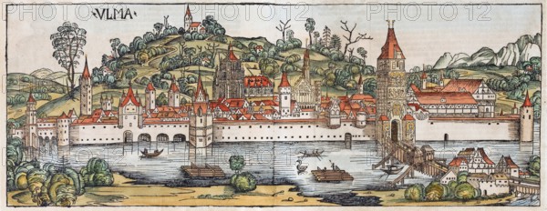 Medieval town view, general view of Ulm or Ulma, Danube, old coloured woodcut, Latin edition, from: