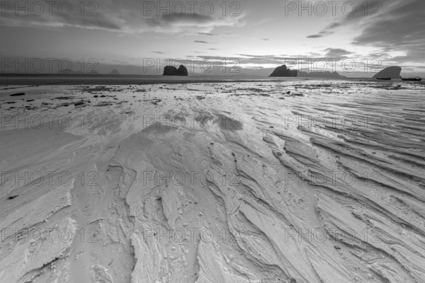 Structures in the sand, sunrise at low tide on the beach of Koh Ngai Island, Andaman Sea, Satun
