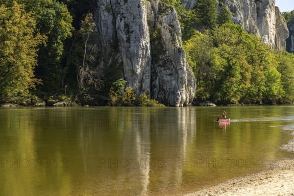Canoeing on the Danube at the Weltenburger Enge, Danube gorge near Weltenburg, Bavaria, Germany,