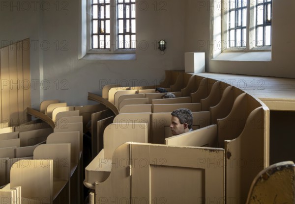 Mannequin models of prisoners in prison chapel Victorian jail museum, Lincoln Castle, city of