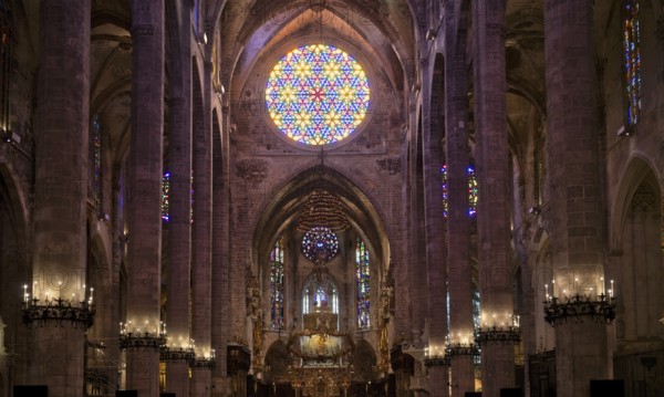 Nave, choir, rose window, rose window of the east front, round, church window, interior view, La