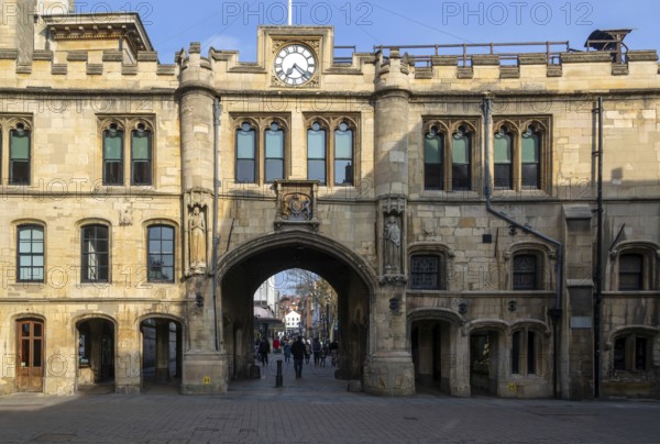 The Stonebow and Guildhall medieval town gate main city High Street, Lincoln, Lincolnshire,