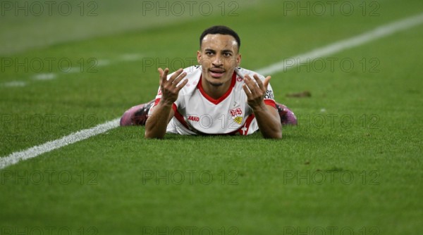 Jamie Leweling VfB Stuttgart (18) on the ground disappointed angry gesture gesture MHPArena, MHP