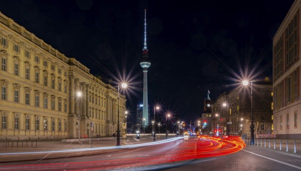 Night shots, Berlin Mitte, Humboldtforum and television tower, Berlin, Germany, Europe