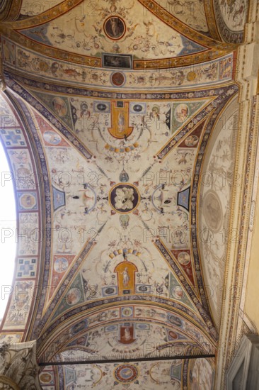 The courtyard of Palazzo Vecchio, Florence, wall paintings, UNESCO World Heritage Site, Tuscany,