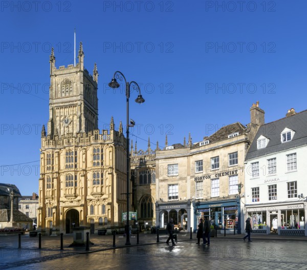 Historic buildings in market place and parish Church of St John Baptist, Cirencester,