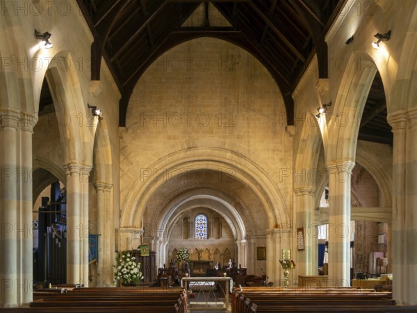 Norman chancel architecture inside church of Saint John the Baptist, Devizes, Wiltshire, England,