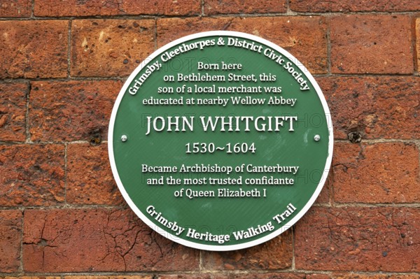 Plaque for John Whitgift 1530-1604, Archbishop of Canterbury, Grimsby, north east Lincolnshire,