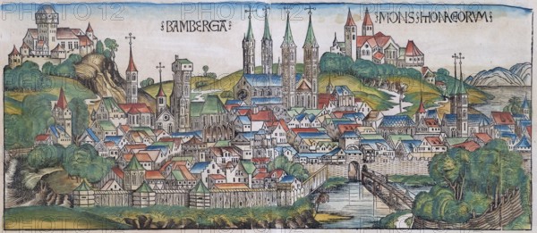 Medieval town view, general view of Bamberg or Bamberga, old coloured woodcut, Latin edition, from:
