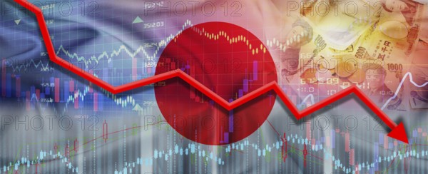 Japan financial crisis on economic graph. Financial fall of Japan on economy market