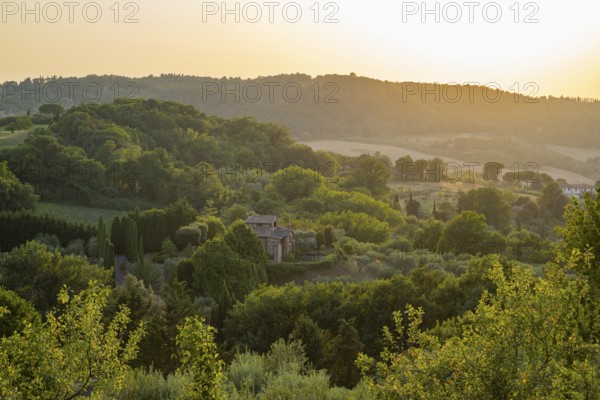 Hilly landscape in Tuscany, view from the upper city wall of Montepulciano, Tuscany, Italy, Europe