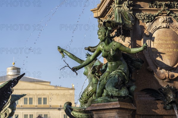 Mendebrunnen fountain in front of the Leipzig Opera on Augustusplatz, Leipzig, Saxony, Germany,