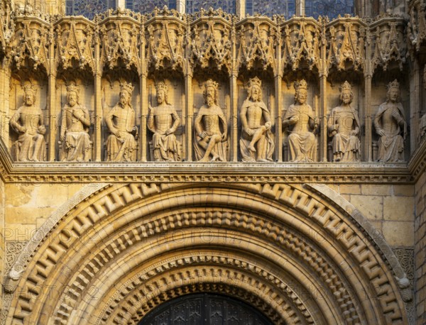 Carved stonework figures of kings, Gallery of Kings, frontage of cathedral church, Lincoln,