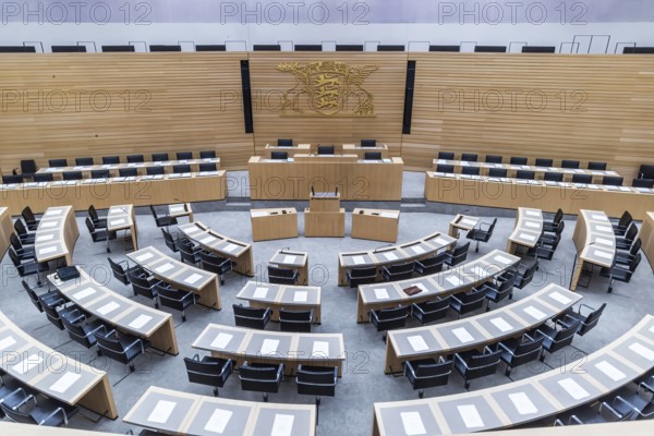 State parliament of Baden-Württemberg. Empty plenary hall, state coat of arms. Stuttgart,