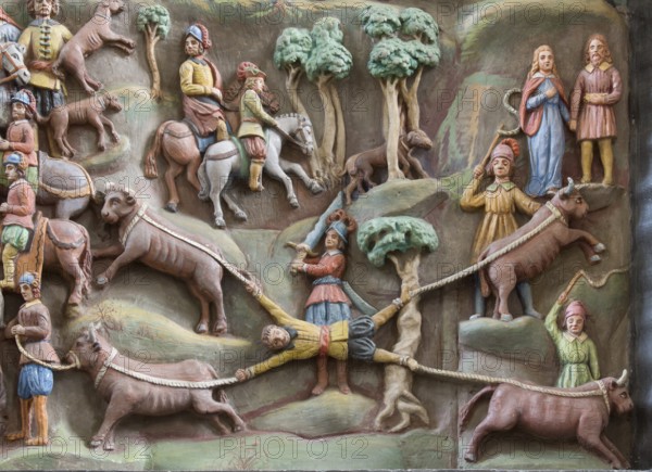 Altarpiece from 1667, legend of Genoveva of Brabant, quadripartite Golos, St., Saint, Saint
