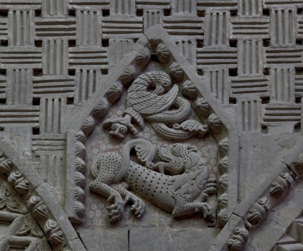 Consecrated in 1077, nave north arcades, figurative relief of a lion and an eagle, St., Sankt,