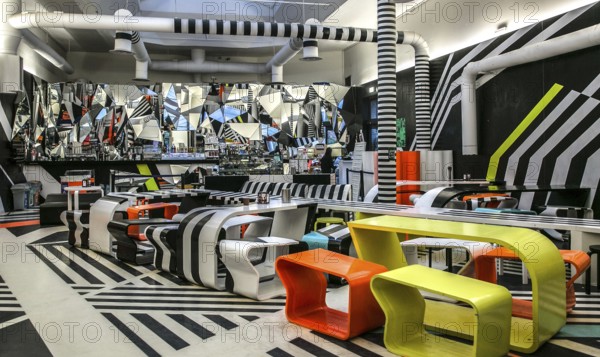 Venice, Biennale grounds, cafeteria designed in 2009 by Tobias Rehberger, dining room