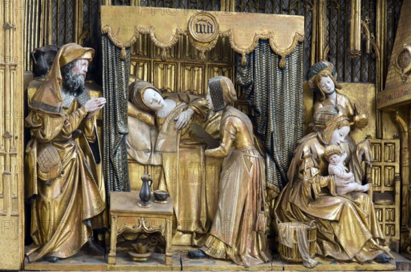 Marian reredos in the Chapel of the Virgin Mary, upper left wing: Birth of Mary, St, Saint, Saint