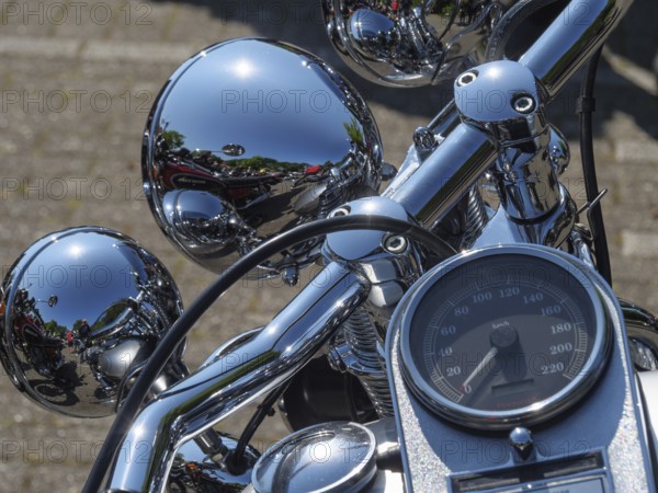 Chrome details of a motorbike with several round mirrors and instruments, Appelhülsen, münsterland,