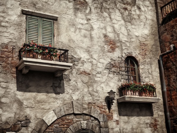 Old rustic house windows with flowers, antique architecture in Venetian style sepia toned