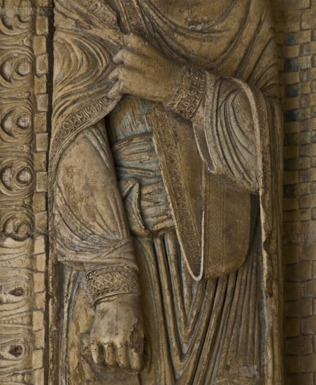 Bourges, Cathedral. South portal. Crowned saint on the left vault. Detail, St, Saint, Saint