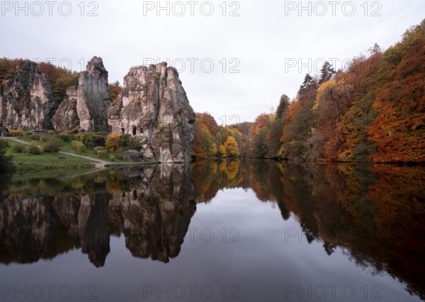 Horn-Bad Meinberg, Externsteine in autumn, view over the Wiembecke pond