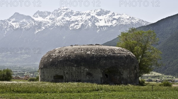 Italy S-Tyrol Laatsch Bunker at the road n Mals behind Ortler group