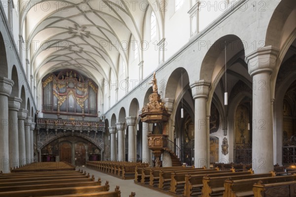 Constance, cathedral, interior, view to the west with Romanesque columns, late Gothic organ loft