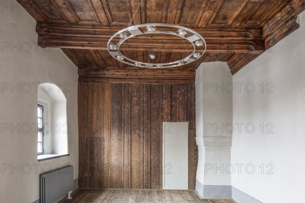 Luther city Eisleben St Annen Monastery. Room on the first floor with wooden ceiling and wall, St.,
