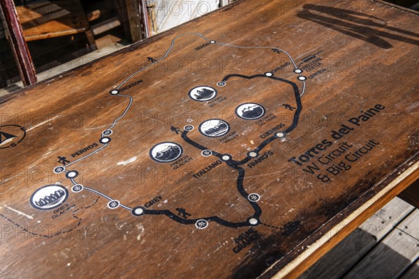 W-Trail painted on the table, Rifugio Chileno, Torres del Paine National Park, Patagonia, Chile,