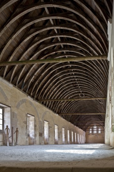 Fontenay former Cistercian monastery dormitory built 12th century interior facing south wooden roof