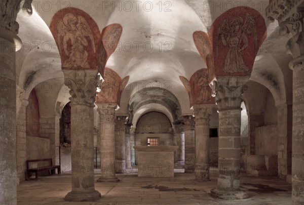 Consecrated in 1077, crypt facing east, top right capital from a crossing pillar of the Romanesque