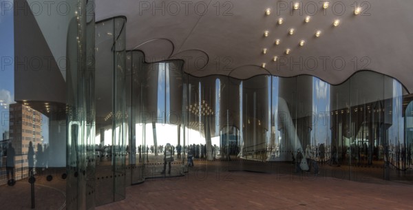 Hamburg, Elbphilharmonie, foyer called Plaza, wave-shaped glass wall to separate the Plaza into