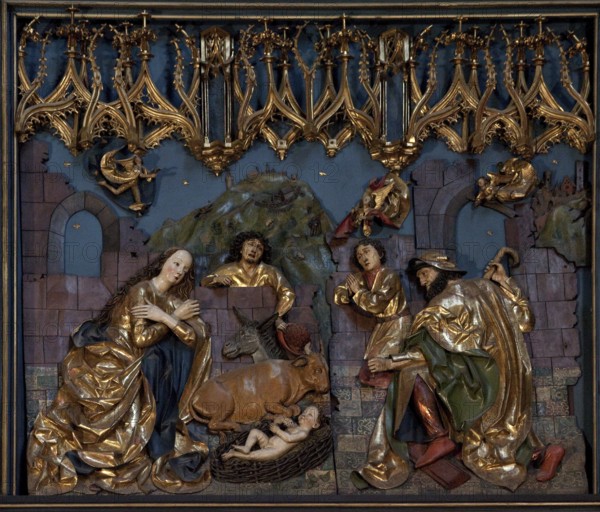 Main altar by Veit Stoß 1477-1489, left wing centre: Nativity of Christ, St., Saint, Saint