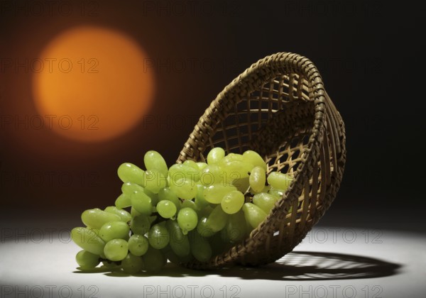 Green grapes, citrus paradisi in a cane basket, India, Asia