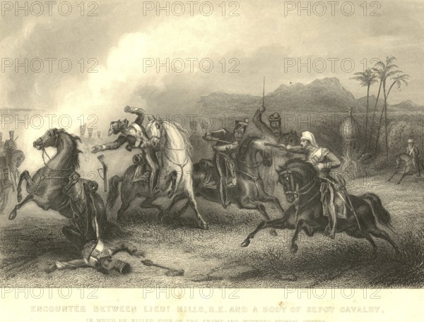 Military and munity mutiny views encounter between Lieut Hills RE and body sepoy soldier cavalry,