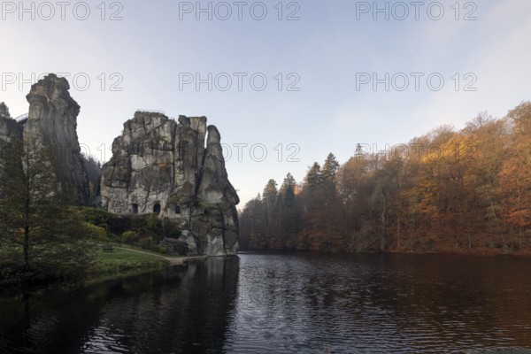 Horn-Bad Meinberg, Externsteine in autumn, view over the Wiembecke pond
