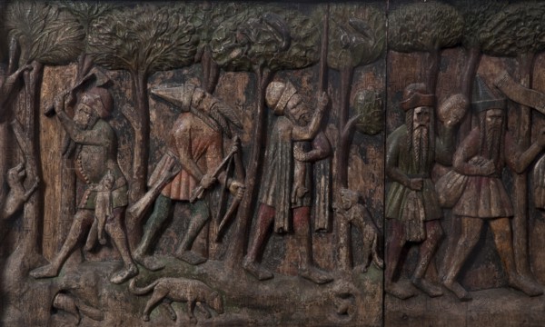 Novgorod rider's chair, relief of Russian fur hunters, 14th century, St., Sankt, Saint