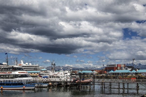 View over the city to the harbour of Ushuaia, Argentina, South America