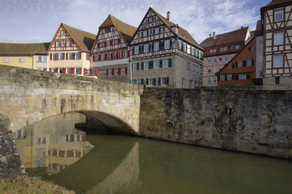 View from Grasbödele to half-timbered ensemble, Schwäbisch Hall, Kochertal, Kocher, Hohenlohe,