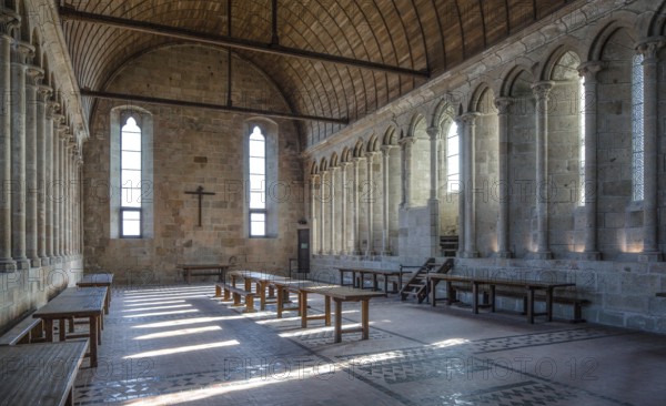 Mont-Saint-Michel, monastery hill, 13th century refectory, interior facing south-east, lector's