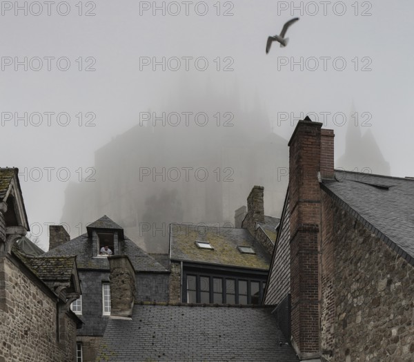 Mont-Saint-Michel, monastery hill, Grand Rue, roofscape above the abbey in the mist