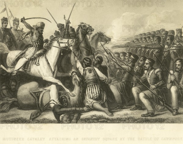 Military mutiny views mutineer cavalry attacking an Infantry Square at Battle of Cawanpore, Kanpur,