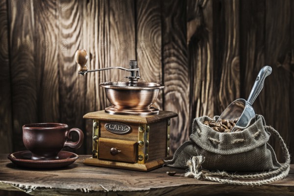 Coffee accessories brown clay cup vintage wooden mill and sack with beans scoop on old wood