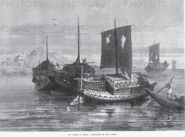 Travel and transport famine in Bengal grain boats on Ganges, India, Asia