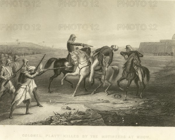 Military and munity mutiny views Colonel Platt Killed by the mutineers at Mhow, India, Asia